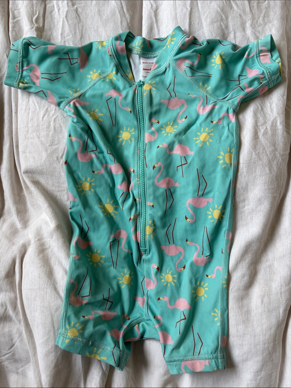 Hanna Andersson Mint Swim Romper with Pink Flamingo & Yellow Sun Print